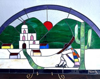 Vintage-Buntglas-Oberlichtfenster im Südweststil mit Wüstenmotiv (Siesta), 81 x 43 cm