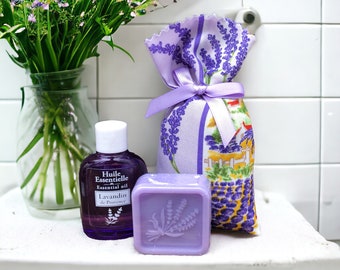 Set de regalo Lavanda Provenza: jabón, aceite esencial y bolsita para relajación y aromaterapia