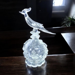 Vintage Perfume Bottle with Bird Stopper, Antique Glass Perfume Bottle, Bird Figurine Vanity Decor, Collectible Perfume Bottle