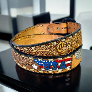 Vintage Tooled buckle belt Eagle Flag America 44 leather USA WESTERN cowboy