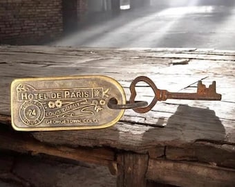 Saloon Brothel Room Key with Tag “Hotel De Paris” Georgetown Colo. Antique finish