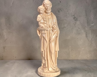 Zabytkowa figurka św. Józefa z Dzieciątkiem Jezus, 15 cm, wykonana z żywicy syntetycznej w kolorze brązowym, do domowego nabożeństwa