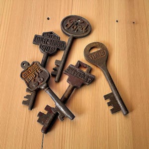 Cast Iron Automotive Keys Set: Ford, Chevy, Harley, Texaco, Route 66