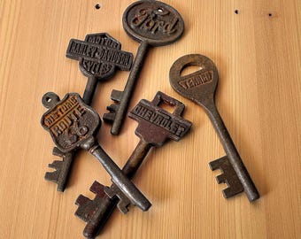 Cast Iron Automotive Keys Set: Ford, Chevy, Harley, Texaco, Route 66