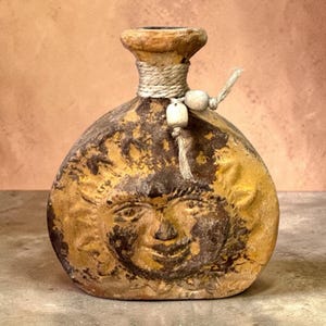 Vintage Mexican Folk Art Sun Face Clay Vase Terracotta Pottery Canteen Jug 9"