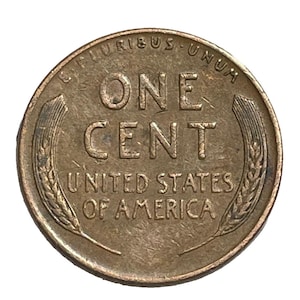Op de afbeelding: Een koperkleurige Amerikaanse munt van één cent. De munt toont de woorden "ONE CENT" in het midden, met daaronder "UNITED STATES OF AMERICA". De munt heeft aan weerszijden tarwearen.