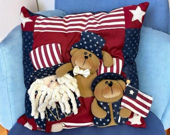 Vintage Embroidered "Teddy Bear Uncle Sam" Throw Pillow 15x15"