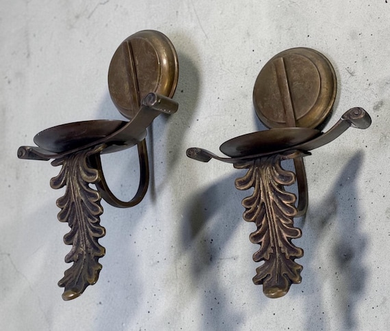Vintage Pair Ornate Brass Wall Sconce Candle Holders - Leaf Fan Motif