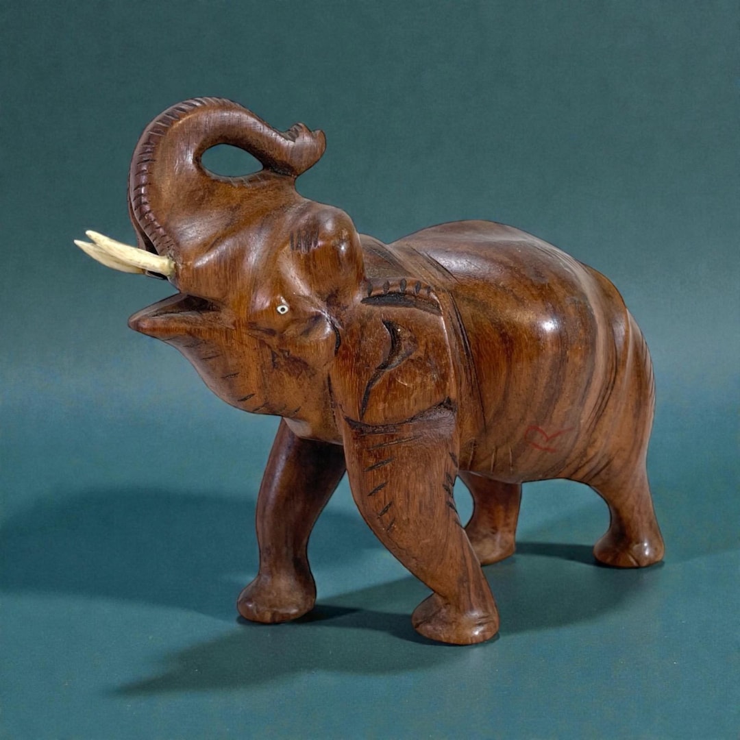 Vintage Hand Carved Wooden Elephant Figurine Statue With Raised Trunk ...