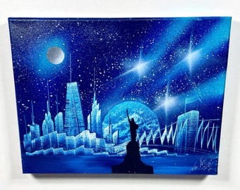 Art - Spray Paint Art Canvas Space Painting - NYC surrealist cityscape - Signed