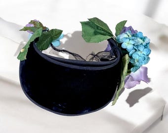 Vtg Headband Blue Velvet Flowers Headband Wedding Guest Hat Church Harris Co. Dallas