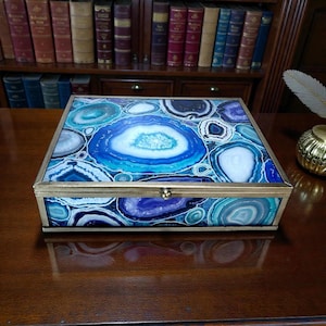 Faux Blue Agate Glass Jewelry Box Velvet Lined Brass Frame Rectangular Hinged