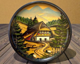 Prato vintage alemão de madeira esculpida à mão da Floresta Negra - Arte de parede 3D estilo chalé alpino