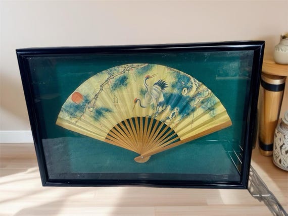Antique Japanese Kyo Folding Fan (Kyo Sensu) Hand painted Framed in glass case
