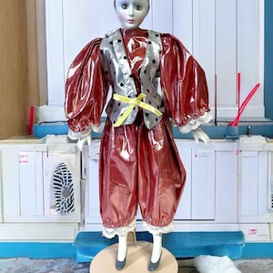 Porcelain Pierrot Clown Doll 16&quot; Pink Harlequin Outfit Vintage 1980s