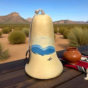May include: A cream-colored bell-shaped object with a blue mountain design and a rope handle. The bell has a metal clasp and the letters "TBA" are printed on the side. A small brown pot and a red and white patterned textile are also visible.
