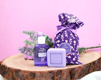 Set de regalo Lavanda Provenza: jabón, aceite esencial y bolsita para relajación y aromaterapia