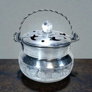Vintage Hammered Aluminum Potpourri Pot Vented Lid Crystal Knob Mid Century