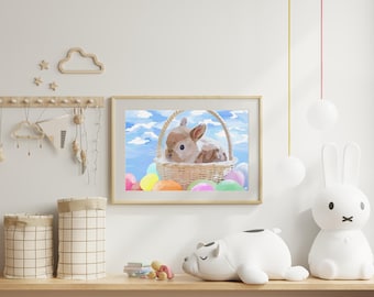 イースターバニーの絵画、卵と花冠を持つ春のウサギのプリント