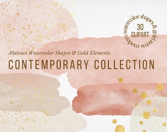 Puede incluir: Formas abstractas de acuarela y elementos dorados en rosa, beige y blanco. El texto "CONTEMPORARY COLLECTION" está en marrón. Un círculo con el texto "30 CLIPART" está en la esquina superior derecha.
