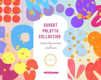 Sunset Watercolor Gold Clipart – Abstract Shapes, Rainbow Overlays (Digital Download)