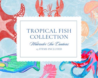 Tropical Watercolor Sea Creatures Clipart – Ocean PNG (Digital Download)