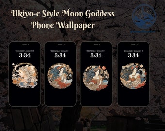 Ukiyo-e Moon Goddess Wallpapers, Traditional Japanese Art Phone Backgrounds, Ethereal Lunar Digital Download, Mystical Home Screen Art