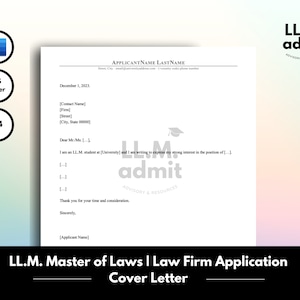 May include: A white cover letter template for a Law Firm Application, with the text "LL.M. Master of Laws | Law Firm Application Cover Letter". Includes a Microsoft Word icon, and US Letter and A4 paper size indicators.