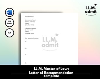 Plantilla de carta de recomendación para la facultad de derecho / Maestría en Derecho y Doctorado en Jurisprudencia (Word editable)