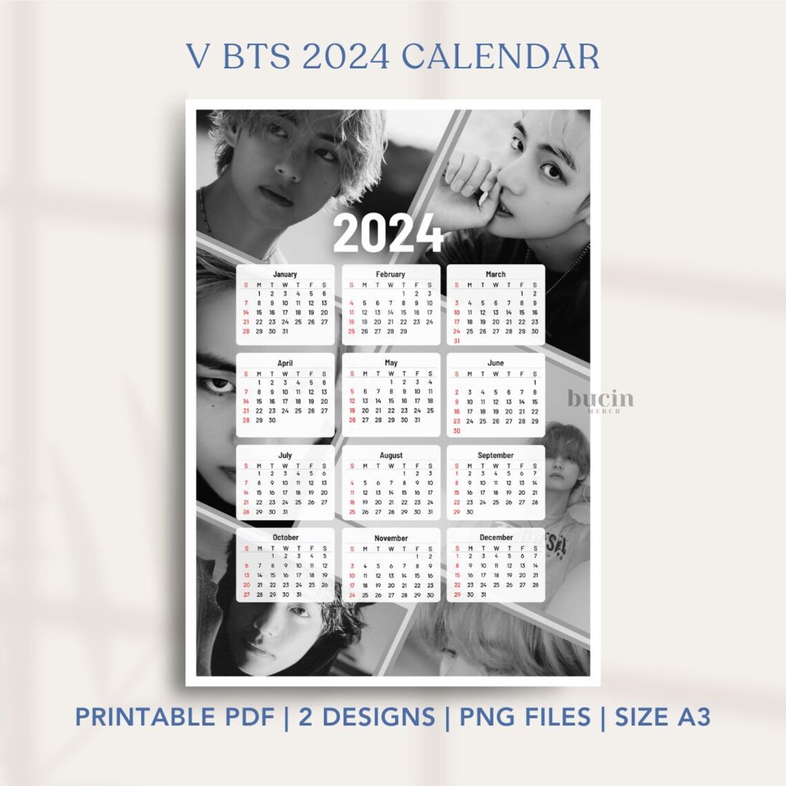 V BTS 2024 Calendar Printable Kim Taehyung Yearly Calendar 2024