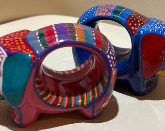 Mexican Ceramic Elephant Napkin Rings – Hand‑Painted Folk Art – Colorful Pair