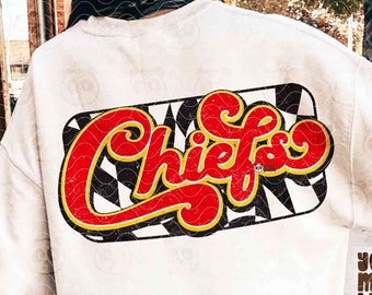 checkered Chiefs PNG, Vintage Mascot Shirt Sublimation, Red Yellow Game Day DTF Transfer Distressed College Football Sports DTG Screen Print