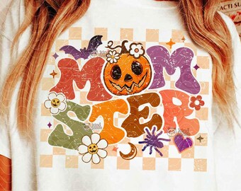 Checkered Momster PNG, Retro Halloween Mama Png Sublimation, Floral Spooky Mama DTF Transfer, Halloween png, Mombie Png, Mom Shirt Png