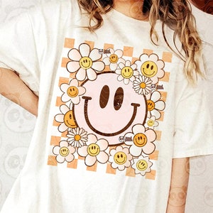 Flores PNG de rosto de sorriso vintage, sublimação de camisa xadrez, transferência DTF de verão floral bacana, arquivos PNG de rosto feliz, download digital
