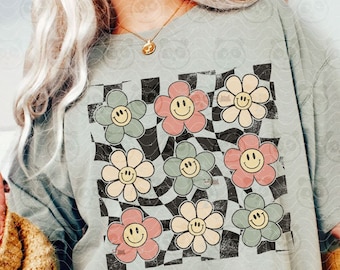 Checkered Boho Flowers Png, Happy Flower Sublimation, Distressed Floral TShirt png design, Vintage floral kids png dtf dtg Digital download
