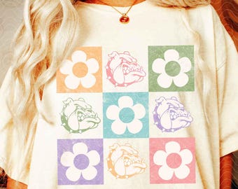 Geblokte bulldogs bloemen png-download, retro mascotteshirt png-sublimatie, bloemen bulldogs voetbal DTF-overdracht, bulldogs png-download