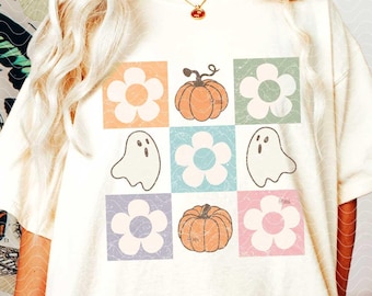 Checkered Fall Flowers PNG, Ghost Halloween Shirt PNG Sublimation Design, Ghosts Pumpkins Flowers, Cozy png dtf Transfer Digital Download