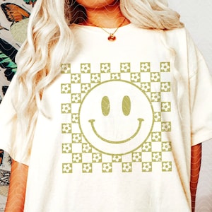 Kariertes Lächeln Blumen SVG PNG Sublimation - Grunge lächelndes Gesicht, glückliches Gesicht Shirt Design, Boho groovy Blumen geschnitten Datei, Vintage Ästhetik