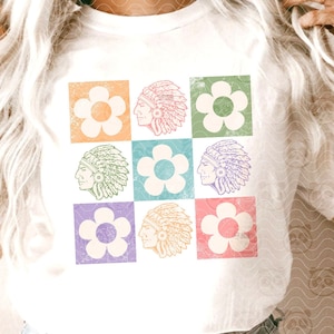 Flowers Checkered Warriors PNG, Retro Mascot Shirt Sublimation Design, Boho Groovy Floral Indians png, Go Warriors png dtf Digital Download
