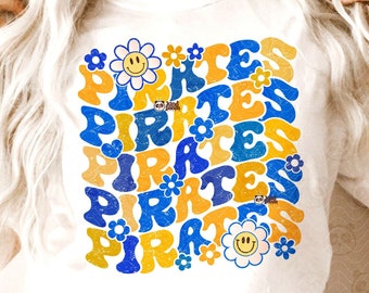 Floral Pirates PNG, Groovy Football Mascot Sublimation, Navy Yellow Sports Game Day T-Shirt Design, American Football College Team Clipart