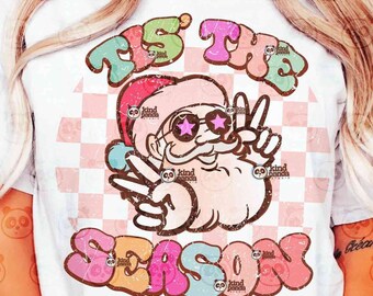 Groovy Santa PNG, Retro Tis the Season Sublimation, Christmas png, Pastel Checkered Christmas Shirt DTF Transfer, Pink Holiday png download