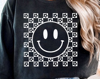 Smile Face Flowers SVG PNG, Checkered Happy Shirt Sublimation, Happy Face svg cut file, Vintage Aesthetic dtf transfer, Smiling sweater png