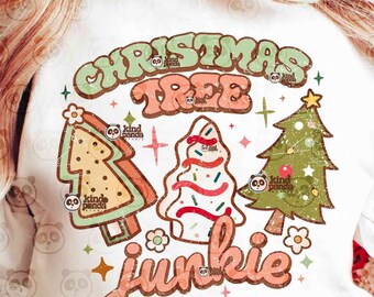 Kerstboomjunkie, vintage kerst PNG DTF-sublimatie, kerstsnackcake png, kerstboomtaarten, ontwerp wintervakantiesweater