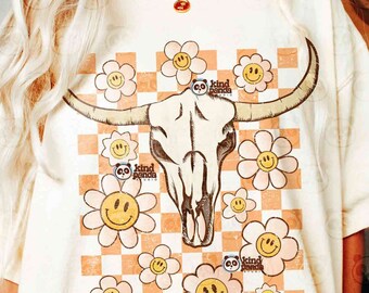 Retro Floral Bull Skull PNG, Checkered Western Shirt png Sublimation, Vintage Howdy Cowgirl png, Distressed Country DTF Transfer Design