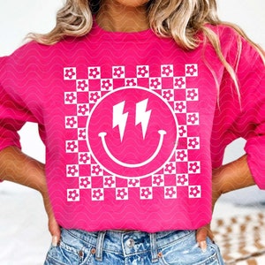 Relâmpago flores SVG PNG, sublimação de camisa de sorriso xadrez, arquivo de corte svg de rosto feliz, transferência dtf estética vintage, rosto de sorriso svg