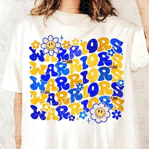 Groovy Warriors PNG, blauw geel bloemen mascotte sublimatie, Distressed Game Day png, Grunge Warriors shirt png, Retro School Football png