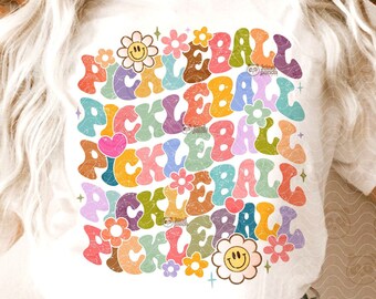 Floral Pickleball PNG, Groovy Pickle Ball Sublimation, Retro ping-pong T-Shirt Design, floral tennis png, vintage badminton png clipart