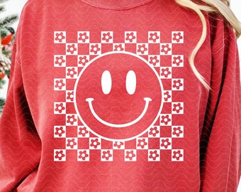 Smile Face Flowers SVG PNG, Checkered Happy Shirt Sublimation