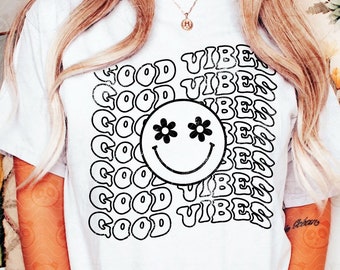 Good Vibes PNG, Smile Groovy png Sublimation, Wavy Outlined Retro Shirt Design, Positive png, Flower Face DTG DTF Transfer Digital Download