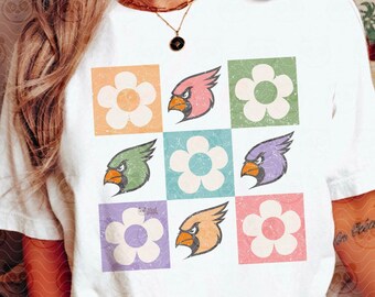Checkered Cardinals Flowers PNG, Retro Mascot Shirt Sublimation Design, Groovy Floral Cardinal png Football DTF Transfer, Digital Download